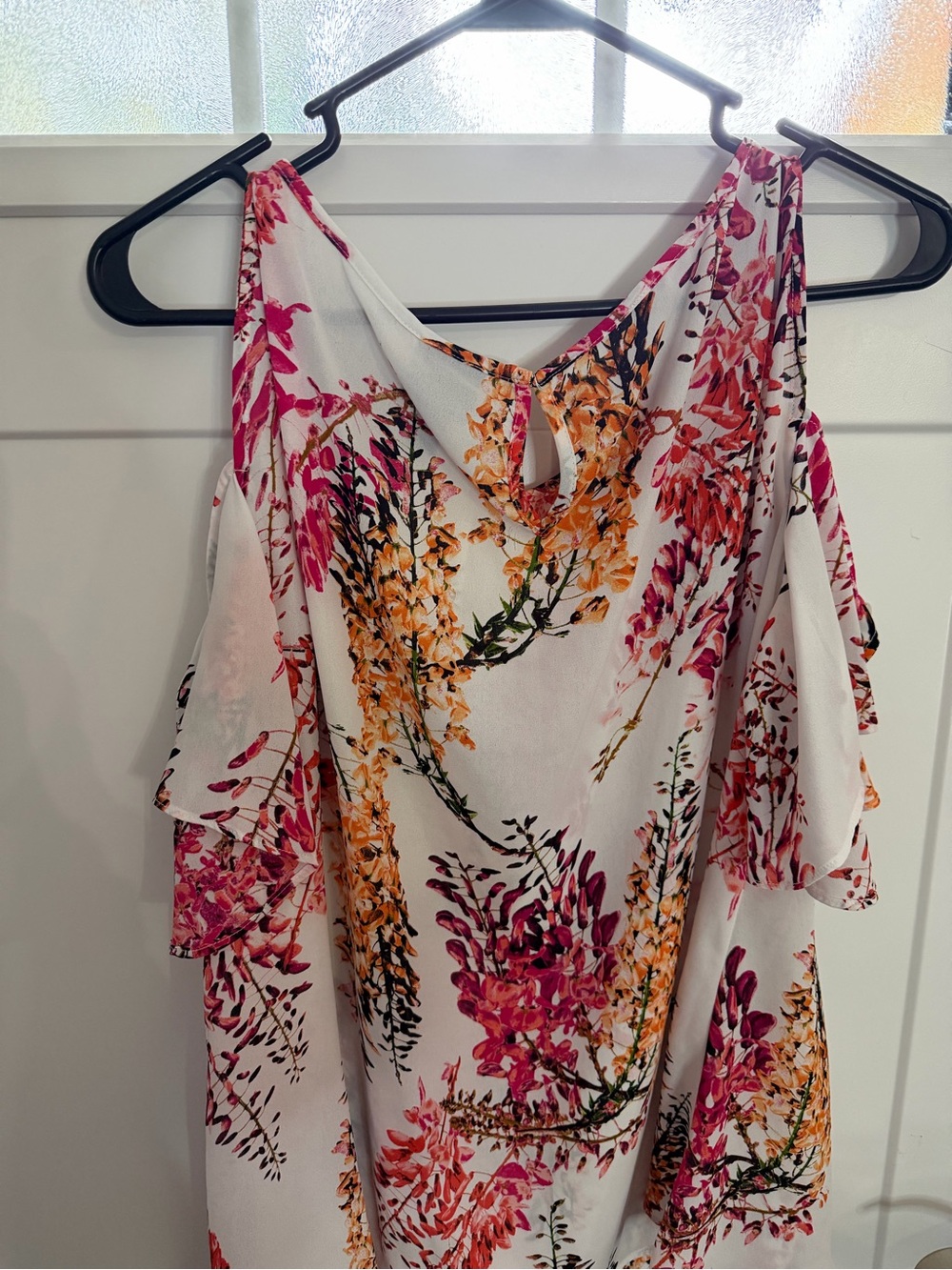Worthington White Cold-Shoulder Blouse with Pink & Orange Floral